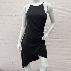 Elia Cher Bodycon Dress Women Size 8 Black Ruched Hi Low Hem Spaghetti Strap